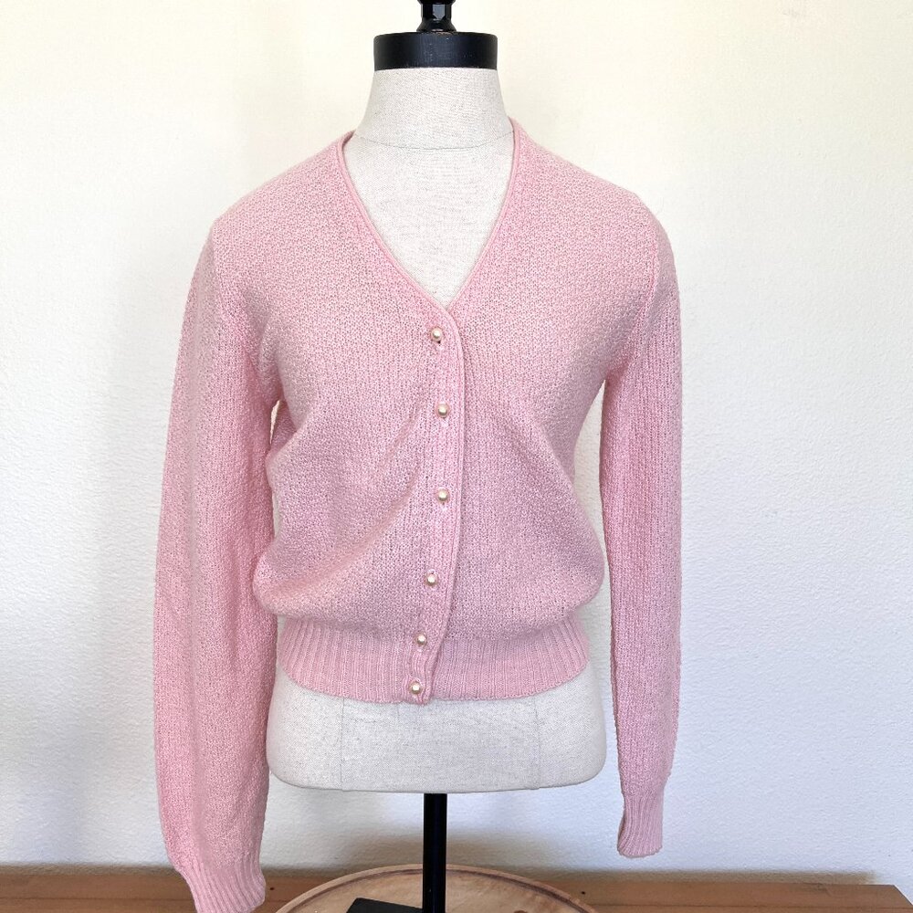 80's Pink Cardigan - Pearl Buttons - Alberoy - Size Small